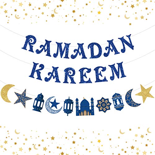 KHIRY Eid Mubarak Banner für Ramadan Eid Dekoration 2-teiliges Mondbanner-Ramadan-Dekorationsset, Ramadan-Dekorationsbanner, blau glitzerndes Ramadan-Banner, Ramadan-Banner geeignet für Heimparty von KHIRY