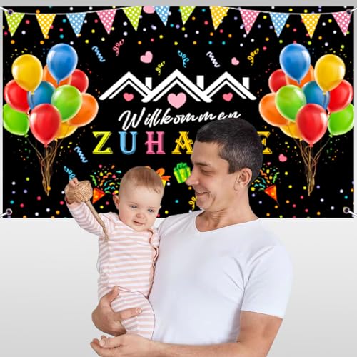 KHIRY Willkommen Zuhause Banner 180 x 110 cm 'Herzlich willkommen zuhause', Rot, L, Polyester/Vinyl, Baumwolle, Standardbanner, Innen/Außen, Garten/Zimmer/Eingang/Partys von KHIRY