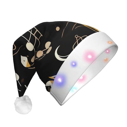 KHiry Leuchtende Weihnachtsmütze, Plüsch-Weihnachtsmannmütze mit LED-Lichtern, stilvolles Musiknoten-Muster, Weihnachtsmützen für Erwachsene von KHiry