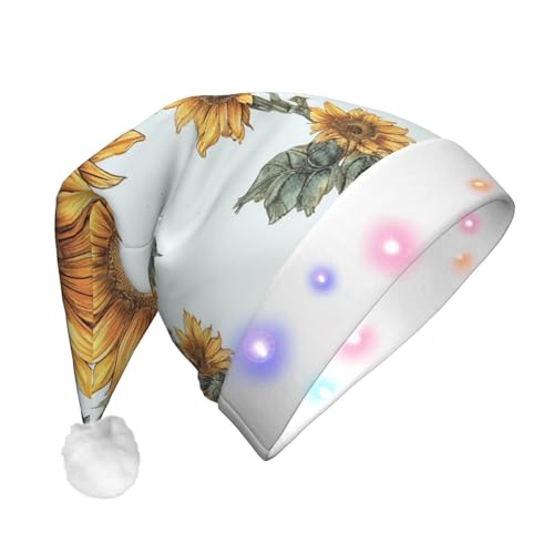 KHiry Leuchtende Weihnachtsmütze aus Plüsch mit LED-Lichtern, Sonnenblume, handbemalt, florale Weihnachtsmütze für Erwachsene von KHiry
