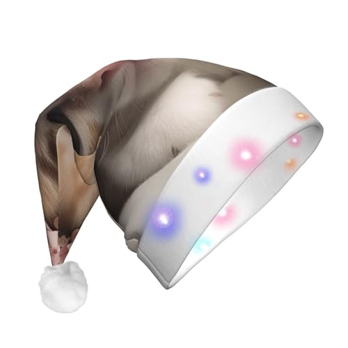 KHiry Leuchtende Weihnachtsmütze aus Plüsch mit LED-Lichtern, süße Tiere, niedliche Katze, Weihnachtsmütze für Erwachsene von KHiry