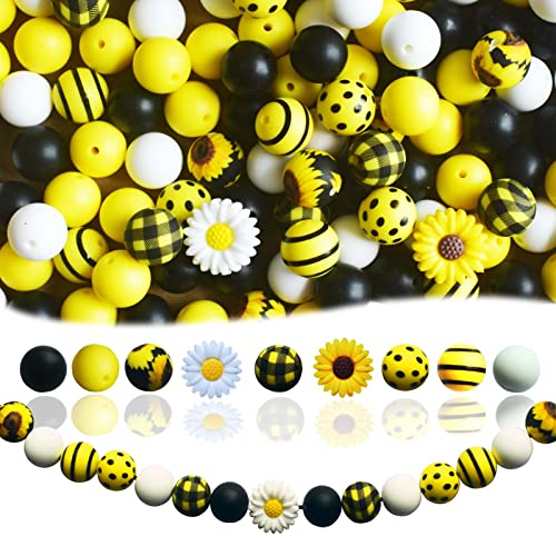 128 Stück Perlen Set Silikonperlen für Schlüsselanhänger, 15mm Silikon Runde Perlenset Sonnenblume Gelb Blume Ketten Selber Machen Set, Perle für Diy Halskette Armband Schlüsselbund Schmuck Zubehör von KIANOOL