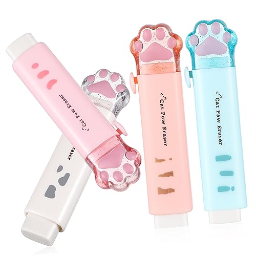 KICHOUSE 4 Stück Teiliges Katzenpfoten Radiergummis Einziehbare Cartoon Radiergummis Weiß Grün Orange für Schule und Büro Süßes Kawaii Design Tragbar für Katzenliebhaber von KICHOUSE