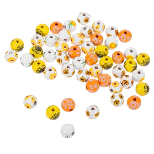 KICHOUSE 50 Stück Bunte Holzperlen für DIY Schmuckherstellung Runde Blütenmotivik Kugeln für Armbänder und Girlanden Naturdekorative Bastelperlen von KICHOUSE
