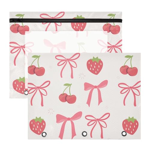 KICPOAY Federmäppchen für 3-Ringbuch, A4, rote Kirschschleife und Erdbeere, 2 Stück, transparentes Fenster, Federmäppchen mit Reißverschluss von KICPOAY