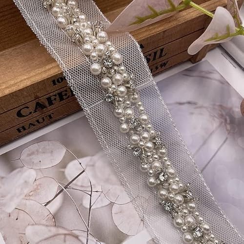 1,8 cm Perle Perlen Spitzenbesatz Strassbänder Afrikanische Spitze Nähmaterialien Hochzeitskleid Kragen Ärmel Banding Spitze Applikation-Weiß, Preis für 50 cm von KIDEXO