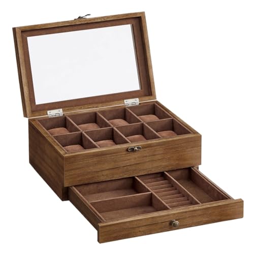 KIFSDLF Uhrenbox mit 8 Fächern, 2-stöckige Uhrenvitrine mit großem Glasdeckel, Samtfutter, Schmuckschatulle KIFSDLF Uhrenbox mit 8 Fächern, 2-stöckige Uhrenvitrine mit großem Glasdeckel, Samtfutter, Schmuckschatulle von KIFSDLF