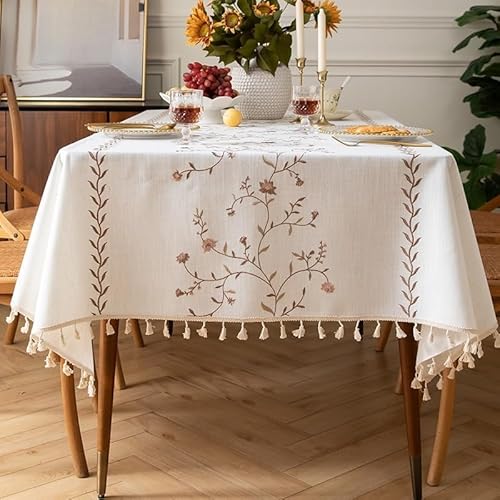KIJSKKOPO Tischdecken Rechteckig Geblümt, Braune Rosenblütenzweig Stickerei, Quastenbesatz, Rustikaler Esstischbezug für Küche, Party, Hochzeit, Picknick, Gartendeko, 140 X 140 cm (55,12 X 55,12 KIJSKKOPO Tischdecken Rechteckig Geblümt, Braune Rosenblütenzweig Stickerei, Quastenbesatz, Rustikaler Esstischbezug für Küche, Party, Hochzeit, Picknick, Gartendeko, 140 X 140 cm (55,12 X 55,12 von KIJSKKOPO