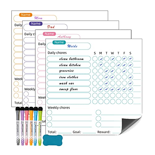 KIKAPA 1 Set Trocken Abwischbare Aufgabentabelle für Kinder – 4 Trocken Abwischbare Verhaltenstabellen und 6 Farbige Marker mit Radiergummi, Belohnungstabelle für Aufgaben von KIKAPA