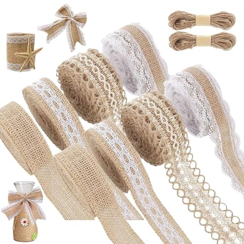 8 Rollen Juteband, Juteband mit Spitze, Juteband Natur, Vintage Deko Hochzeit mit 2 Juteseil, Spitzenband Selbstklebend, Weihnachten Deko Hochzeit Party Basteln Geschenkband von KIKVTER