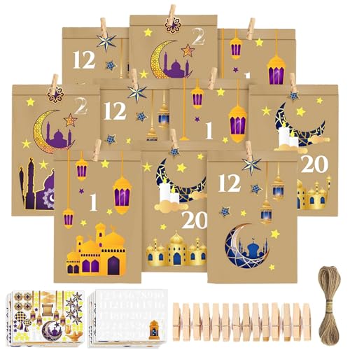 KIKVTER Eid Mubarak Geschenktüte, 30 Stück Eid Mubarak Tüten, DIY Ramadan Kalender zum Befüllen, Braune Blanko Kraftpapiertüten zum Dekorieren, Geschenktüten mit Aufkleber + 36 Clips + 10m Juteseil von KIKVTER
