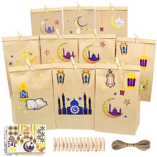 Ramadan Kalender zum Befüllen, Eid Mubarak Tüten zum Befüllen, Ramadan Tüten mit Aufklebern für Kinder, Eid Mubarak Geschenktüten Papiertüten Wiederverwendbar mit Clips und Juteseil für Ramadan Deko von KIKVTER