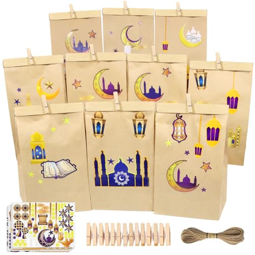 KIKVTER Eid Mubarak Geschenktüte, 30 Stück Eid Mubarak Tüten, DIY Ramadan Kalender zum Befüllen, Braune Blanko Kraftpapiertüten zum Dekorieren, Geschenktüten mit Aufkleber + 36 Clips + 10m Juteseil von KIKVTER