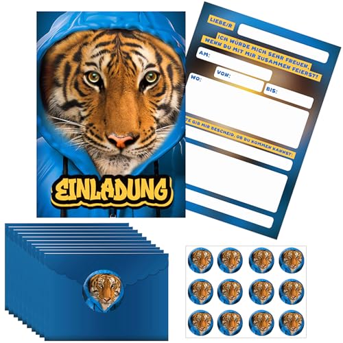 KIKVTER 12 Stück Einladungskarten, Kindergeburtstag Einladungen mit Umschläge Aufkleber, Tiger Geburtstag Einladungskarten für Mädchen Jungen, Lustig Lässige Tier Einladungsset, Deutsche Version von KIKVTER