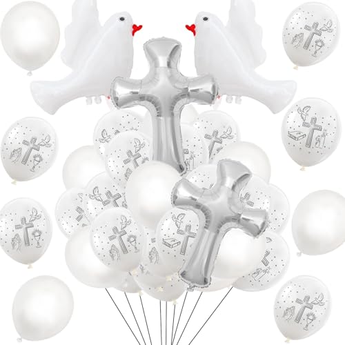 KIKVTER Luftballons Kommunion, Kommunion Deko, Konfirmation Deko, Erstkommunion Deko, Deko Konfirmation Mädchen Junge Luftballon, Taube, Kreuz, Weiß Luftballons, Erstkommunion Deko, Firmung Deko von KIKVTER