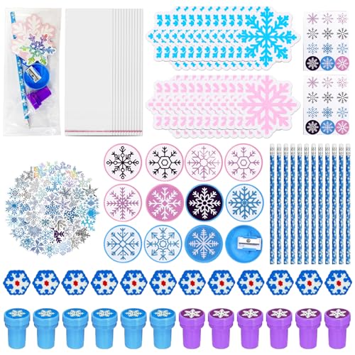 Schneeflocke Mitgebsel, 196Stk Kindergeburtstag Party Gastgeschenke, Winter Schneeflocke Aufkleber mit Schneeflocke Geschenktüten Bleistifte Radiergummi, Prinzessin Party Kinder Geschenke Give Aways von KIKVTER