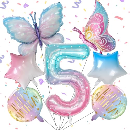 5 Jahre Schmetterling Geburtstag Deko, Schmetterling Folienballon 5 Jahre, Bunt Schmetterlinge Geburtstagsdeko, Geburtstagsdeko Mädchen, Geburtstagsdeko Rosa, für 5. Geburtstag Mädchen Deko von KIKVTER
