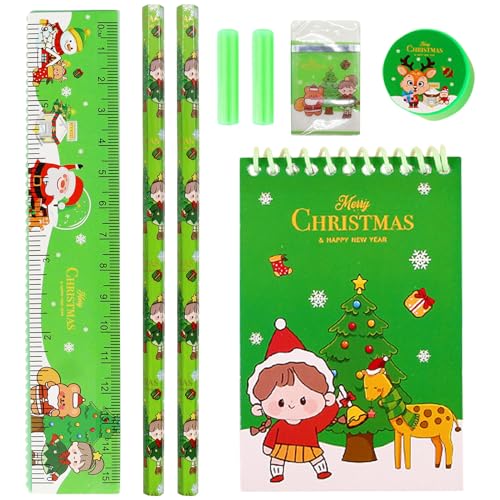 KIKVTER Weihnachten Schreibwaren Set, 8 Stücke Schreibwaren Geschenkset, Weihnachtsstifte, Weihnachten Notizbuch, Radiergummi Weihnachten, Anspitzer, Lineal, Geeignet für Mitgebsel Weihnachten Kinder von KIKVTER