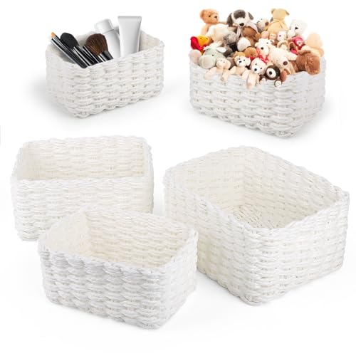 3 Stück Aufbewahrungskorb, Korb Aufbewahrung, Badezimmer Bad Körbchen, Stapelbare Geflochten Storage Basket, Aufbewahrungskörbe, für Organizer Badezimmer, Schubladen, Wohnzimmer, Küchen (Weiß) von KILDOWS