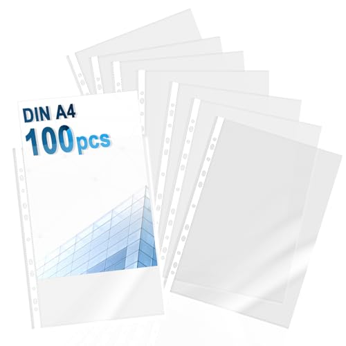 KILDOWS 100 Stück DIN A4 Klarsichthüllen, 11 Loch Prospekthüllen A4/60 My, Glasklar PP Plastikhülle für Dokumenten, Papiere, Loseblätter von KILDOWS
