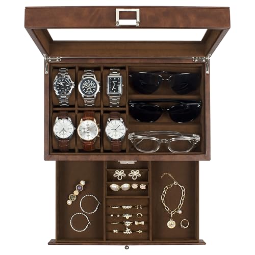 KILHS Uhrenbox, 6 Fächer, Uhrenetui, 3 Fächer, Brillen-Organizer, Herren-Schmuckschatulle mit transparentem Glasdeckel, doppellagig mit Schlüsselschloss, Geschenk, Braun von KILHS