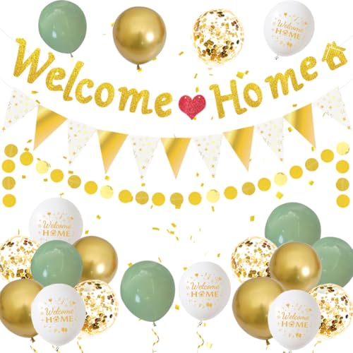 Willkommen Zuhause Deko Welcome Home Banner Welcome Back Girlande Herzlich Willkommen Zurück Dekoration für Zuhause Baby Geburt Showerparty (Grün Gold) von KILLIAN'S Store