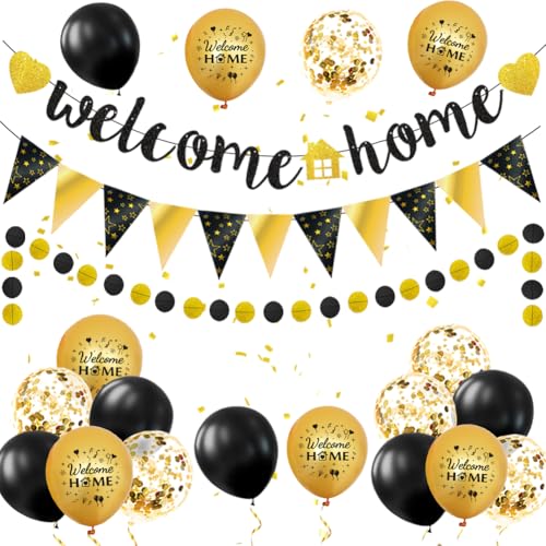 Willkommen Zuhause Deko Welcome Home Banner Welcome Back Girlande Herzlich Willkommen Zurück Dekoration für Zuhause Baby Geburt Showerparty (Schwarz Gold) von KILLIAN'S Store