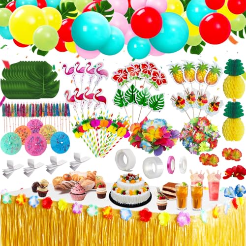 KIMIGO 175 Stück Hawaii Party Dekoration Set,Hawaii Luau Tischröcke,Hawaiian Party,Hawaii Deko,Banner,Blüten,Künstliche Palmenblätter,Kuchendeckel und Papier Strohhalme für BBQ Tropischen Garten von KIMIGO