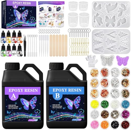 KIMIGO Epoxidharz Set Anfänger 1020 ml,1:1 Harz Gießen Set,Glasklar Resin Harz Gießen Set,Harzs Gießen Zubehör mit Glitzer,Silikonformen,Holzstäbchen,Messbecher, Epoxidharz Anfänger für Handwerk von KIMIGO