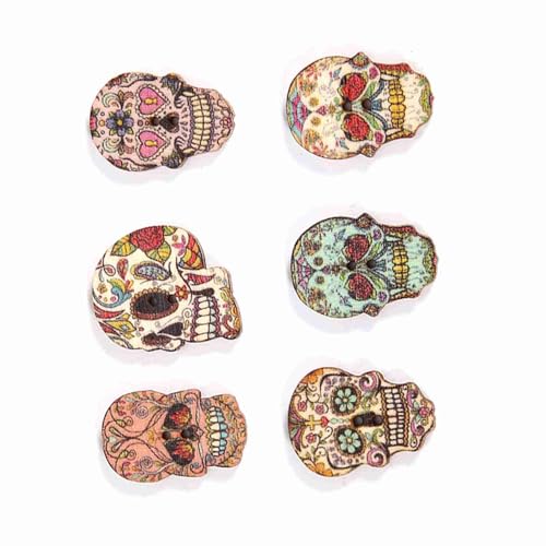 50pcs Schädelkopf Holzknöpfe, 1 X 0,7 Zoll Gefärbt 50pcs Knöpfe DIY Bastelanschläge für Schädelknopf und Zeichnungsknopf Dekorativ mit 2 Löchern für Scrapbooking (Gemischt 1) von KIMISS