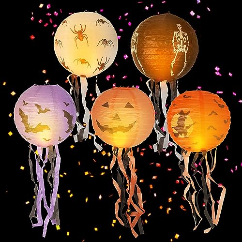 5St Halloween Papierlaternen, Faltbar Halloween Deko Laternen mit Quasten, Gruselige Papierlaternen für Halloween Party Dekoration(8 Zoll) von KINBOM