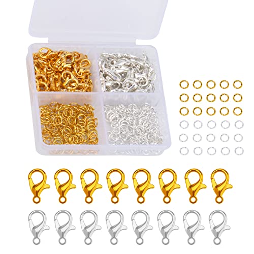 KINBOM 100 Stück Karabinerverschlüsse Schmuck 240 Stück Offene Biegeringe mit Kunststoffgehäuse Ohrring Verbinder Armbandverschlüsse zum Basteln für Halsketten Knöchelherstellung (Silber, Gold) von KINBOM