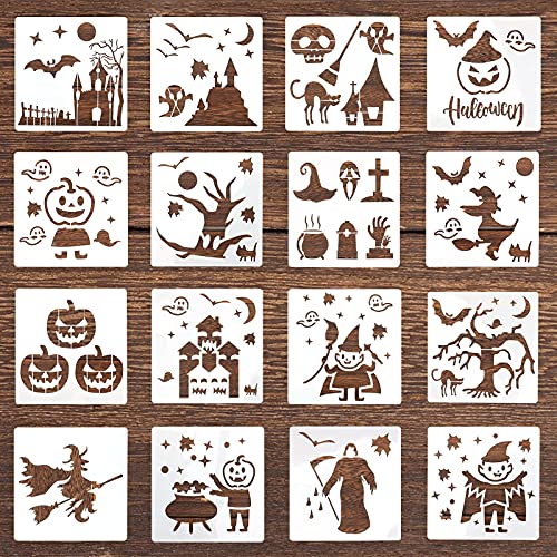 KINBOM 16pcs 15x15cm Halloween Malschablonen Wiederverwendbare Kunststoff Zeichnung Schablonen Vorlage Kürbis Geist Hexe Fledermaus Skelett Muster für DIY Holz Wand Fenster Stoffmalen von KINBOM