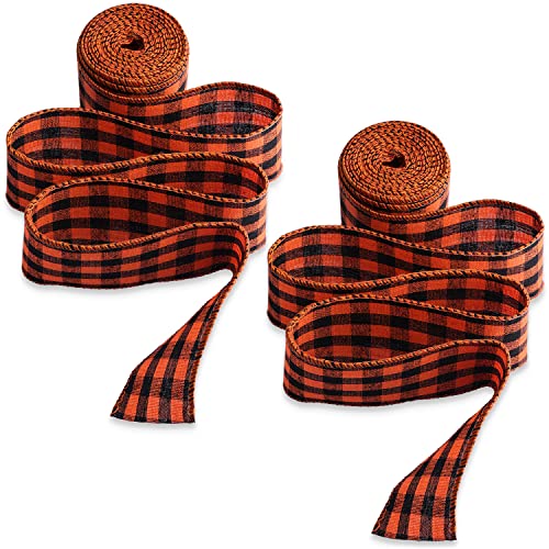 KINBOM 2 Stück 6m x 6,3cm Kariertes Band Sackleinen Band Kariertes Herbst Band Büffel Herbstleinenbänder für Basteln Kränze Party Hochzeit Halloween Erntedank Weihnachten Festival (Orange, Schwarz) von KINBOM