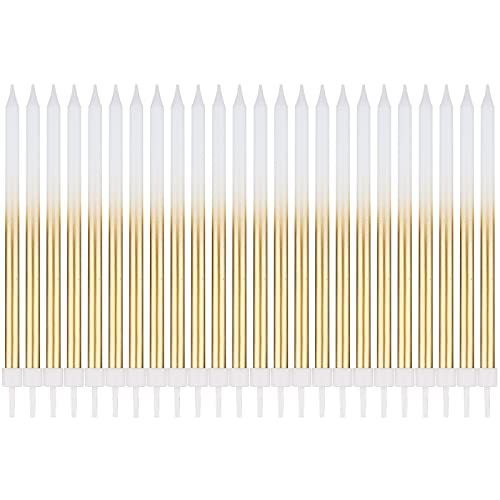 KINBOM 24PCS Geburtstagskerzen, Lang und Dünn Kerze Birthday Candles in Haltern Kuchenkerze zum Feiern Abschluss Geburtstag Jubiläum Hochzeit Party Dekoration Ruhestand (Weißmetallic) von KINBOM