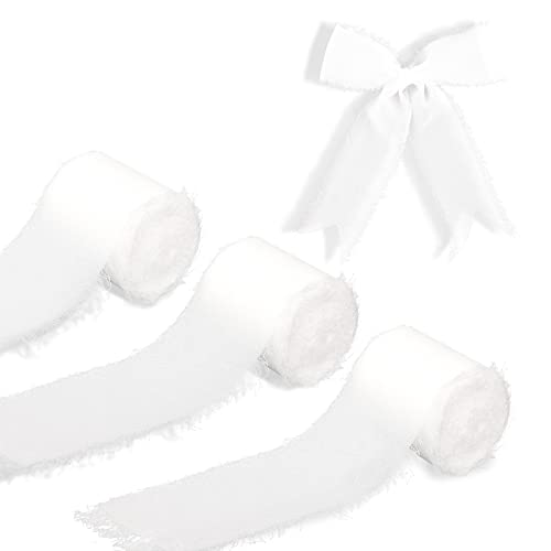 KINBOM 3 Rollen Chiffonband Weiß, 3,8cm x 5m Handgefertigt Fransen Geschenkband Seiden Hintergrunddekoration Schleifenband Weiß für Hochzeit Weihnachtsatmosphäre von KINBOM