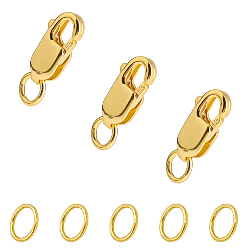 KINBOM 3 Stück Karabinerverschluss mit Biegeringen, 925 Silber Halskettenverschluss Armbandverschluss Set Schmuckverschluss Halskette Verschluss für Halskettenarmband, mit Silbertuch (10x4mm, Gold) von KINBOM