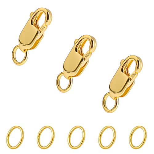 KINBOM 3 Stück Karabinerverschluss mit Biegeringen, 925 Silber Halskettenverschluss Armbandverschluss Set Schmuckverschluss Halskette Verschluss für Halskettenarmband, mit Silbertuch (10x4mm, Gold) von KINBOM