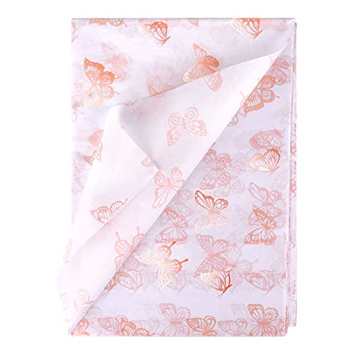 KINBOM 30 Stück 50x70cm Seidenpapier Rosa Gold, Schmetterlings Seidenpapier zum Verpacken Geschenkpapier Weihnachten für Verpackung Hochzeit Geburtstagsfeier Babypartys DIY Handwerk (weiß Hintergrund) von KINBOM