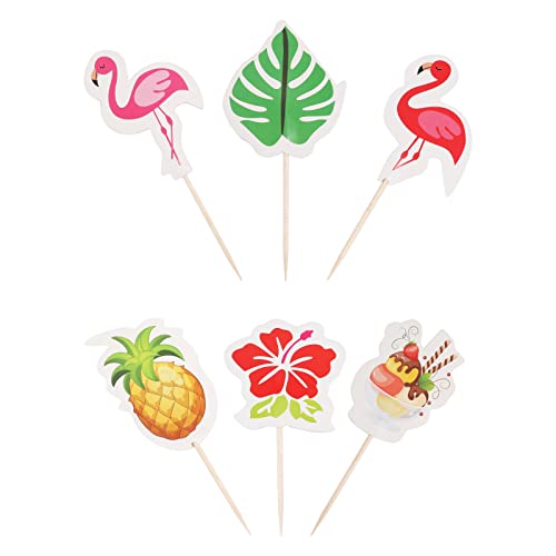KINBOM 48 Tropische Tortendeko Hawaiianische Zahnstocher für Getränke Sommer Strand Cupcake Topper Tropischer Flamingo Kuchen Topper mit Hawaiianische Deko Palmblättern Partyzubehör (6 Styles) von KINBOM