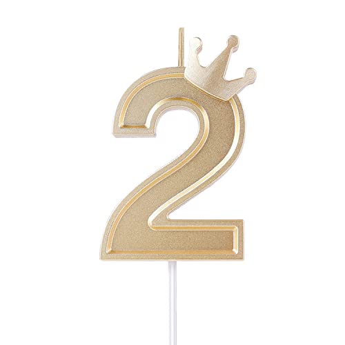 KINBOM 7,6cm 3D Zahlen Geburtstagskerzen, Zahlen Geburtstagskerzen mit Kronendekor Cake Topper Zahlenkerzen für Torte Geburtstags Jubiläum Hochzeit Abschlussfeier (Gold, 2) von KINBOM