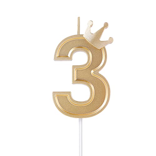 KINBOM 7,6cm 3D Zahlen Geburtstagskerzen, Zahlen Geburtstagskerzen mit Kronendekor Cake Topper Zahlenkerzen für Torte Geburtstags Jubiläum Hochzeit Abschlussfeier (Gold, 3) von KINBOM
