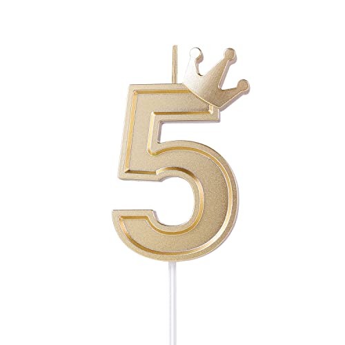 KINBOM 7,6cm 3D Zahlen Geburtstagskerzen, Zahlen Geburtstagskerzen mit Kronendekor Cake Topper Zahlenkerzen für Torte Geburtstags Jubiläum Hochzeit Abschlussfeier (Gold, 5) von KINBOM