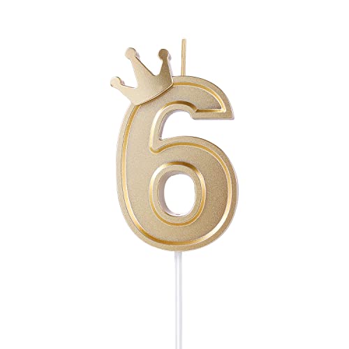 KINBOM 7,6cm 3D Zahlen Geburtstagskerzen, Zahlen Geburtstagskerzen mit Kronendekor Cake Topper Zahlenkerzen für Torte Geburtstags Jubiläum Hochzeit Abschlussfeier (Gold, 6) von KINBOM