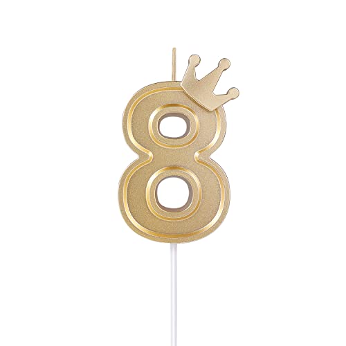KINBOM 7,6cm 3D Zahlen Geburtstagskerzen, Zahlen Geburtstagskerzen mit Kronendekor Cake Topper Zahlenkerzen für Torte Geburtstags Jubiläum Hochzeit Abschlussfeier (Gold, 8) von KINBOM