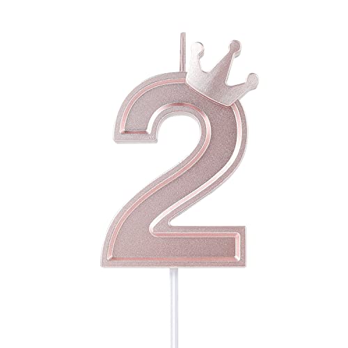 KINBOM 7,6cm 3D Zahlen Geburtstagskerzen, Zahlen Geburtstagskerzen mit Kronendekor Cake Topper Zahlenkerzen für Torte Geburtstags Jubiläum Hochzeit Abschlussfeier (Roségold, 2) von KINBOM