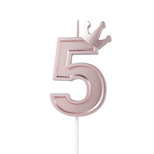 KINBOM 7,6cm 3D Zahlen Geburtstagskerzen, Zahlen Geburtstagskerzen mit Kronendekor Cake Topper Zahlenkerzen für Torte Geburtstags Jubiläum Hochzeit Abschlussfeier (Roségold, 5) von KINBOM
