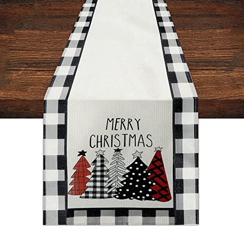 Weihnachtstischläufer, 33x183cm Tischdecke mit Weihnachtsdekoration Tisch mit Rustikalem Schwarz-Weiß Kariertem Rand Weihnachts Tischdecke mit Weihnachtsbäumen für Esstisch Dinnerparty Weihnachtstischläufer, 33x183cm Tischdecke mit Weihnachtsdekoration Tisch mit Rustikalem Schwarz-Weiß Kariertem Rand Weihnachts Tischdecke mit Weihnachtsbäumen für Esstisch Dinnerparty von KINBOM