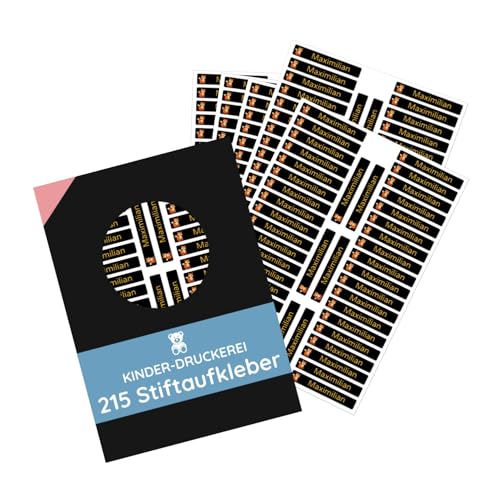 215 Stück personalisierte Stiftaufkleber Stiftetiketten 40x6 mm - Namensaufkleber mini/sehr klein - Aufkleber für Stifte, Buntstifte, Füller/Wasserfest/Kratzfest (Schwarz, Set 215 Stück) von STEMPEL-FABRIK