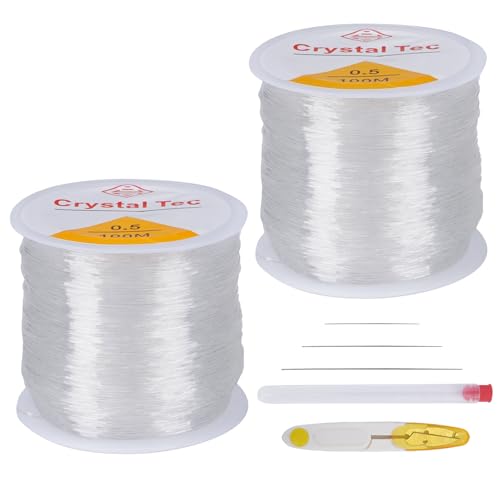 KINDPMA 2 Spulen Transparent Schmuckfaden 0.5mm*100m Gummiband für Armbänder Nylonschnur Elastisches Band Perlenfaden Nylonband Perlenband für Schmuckherstellung Perlenkette Halskette Basteln von KINDPMA